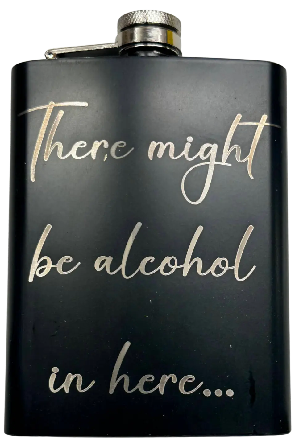 Funny Laser Engraved 8oz Flask with humorous text, matte black finish, and leak-proof cap.