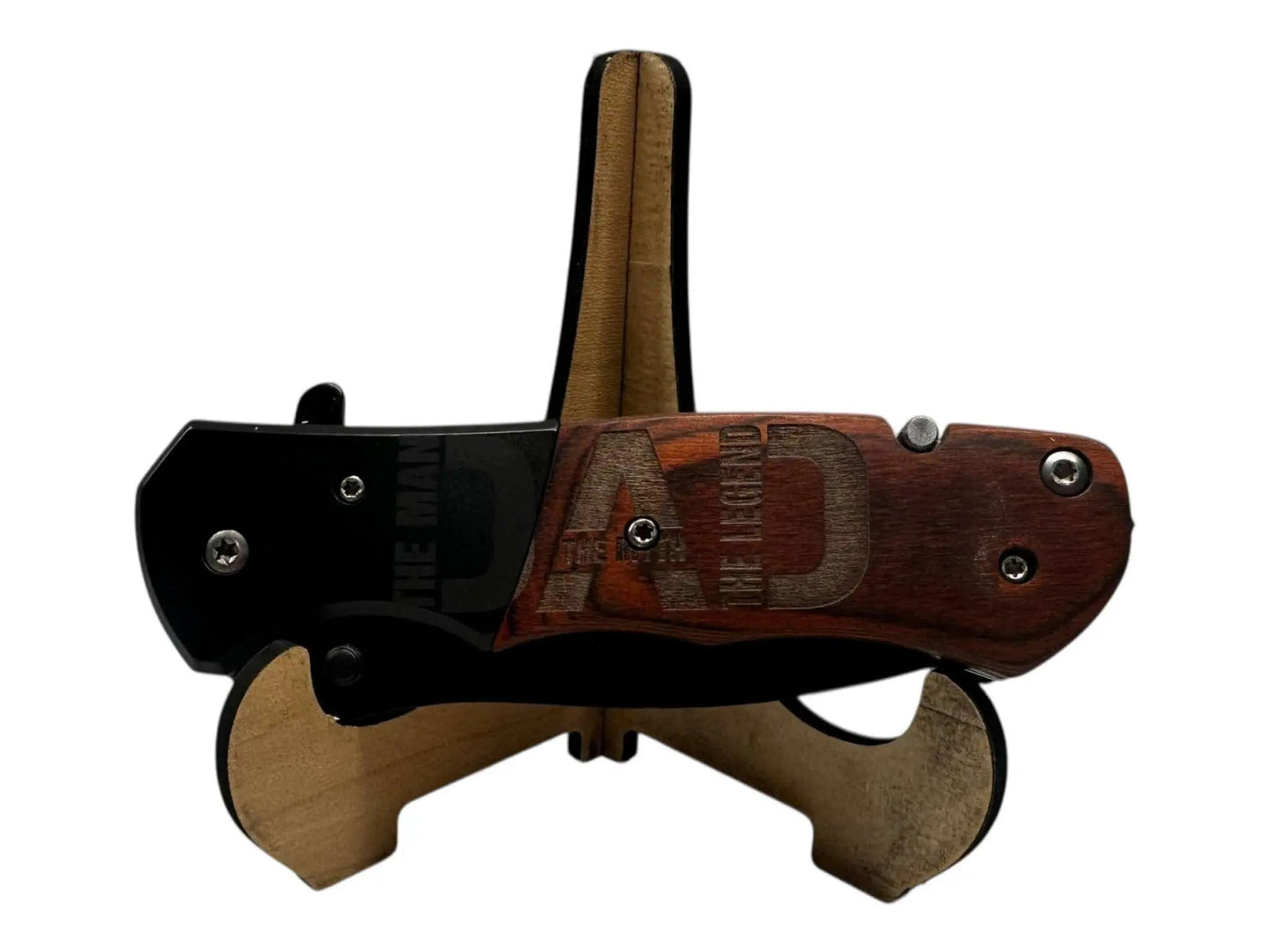 Custom Spring Assist Knife with Seatbelt Cutter, bottle opener, glass breaker, and customizable wooden handle.