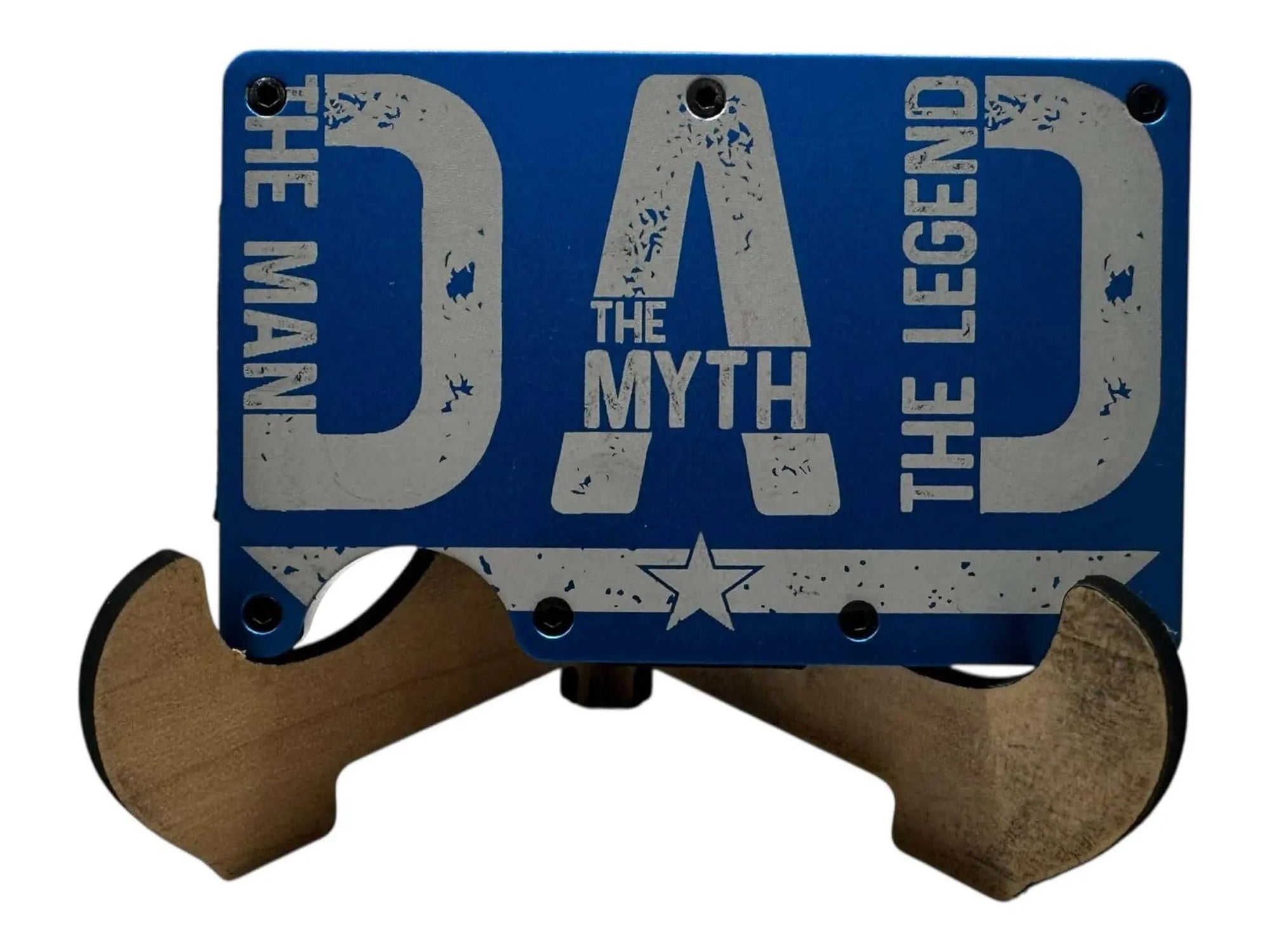 Engraved metal money clip wallet, blue, featuring "DAD The Man The Myth The Legend" design. RFID-blocking, slim profile.