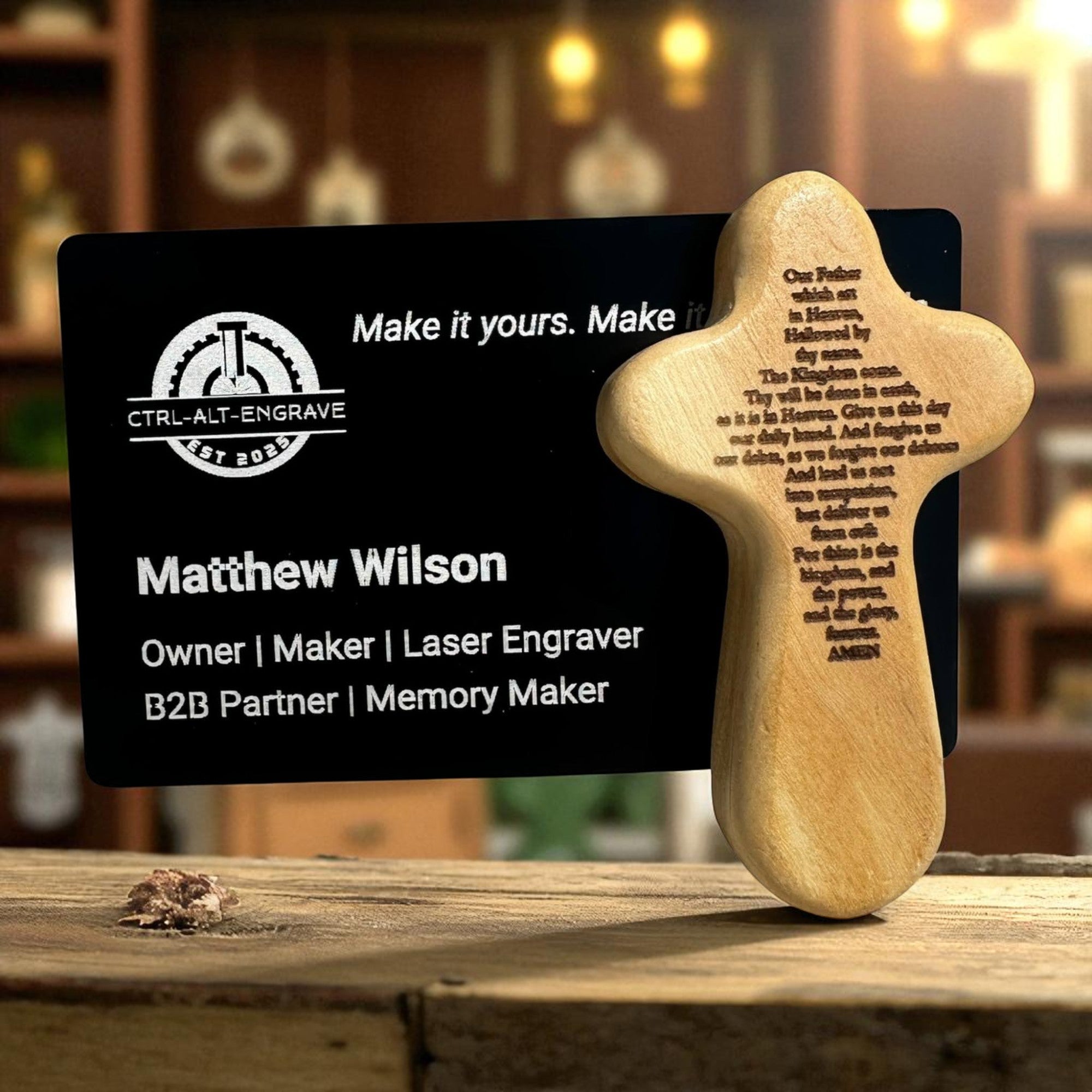 Tiny Cross — The Lord’s Prayer (Size Reference: pictured next to business card) Ctrl‑Alt‑Engrave