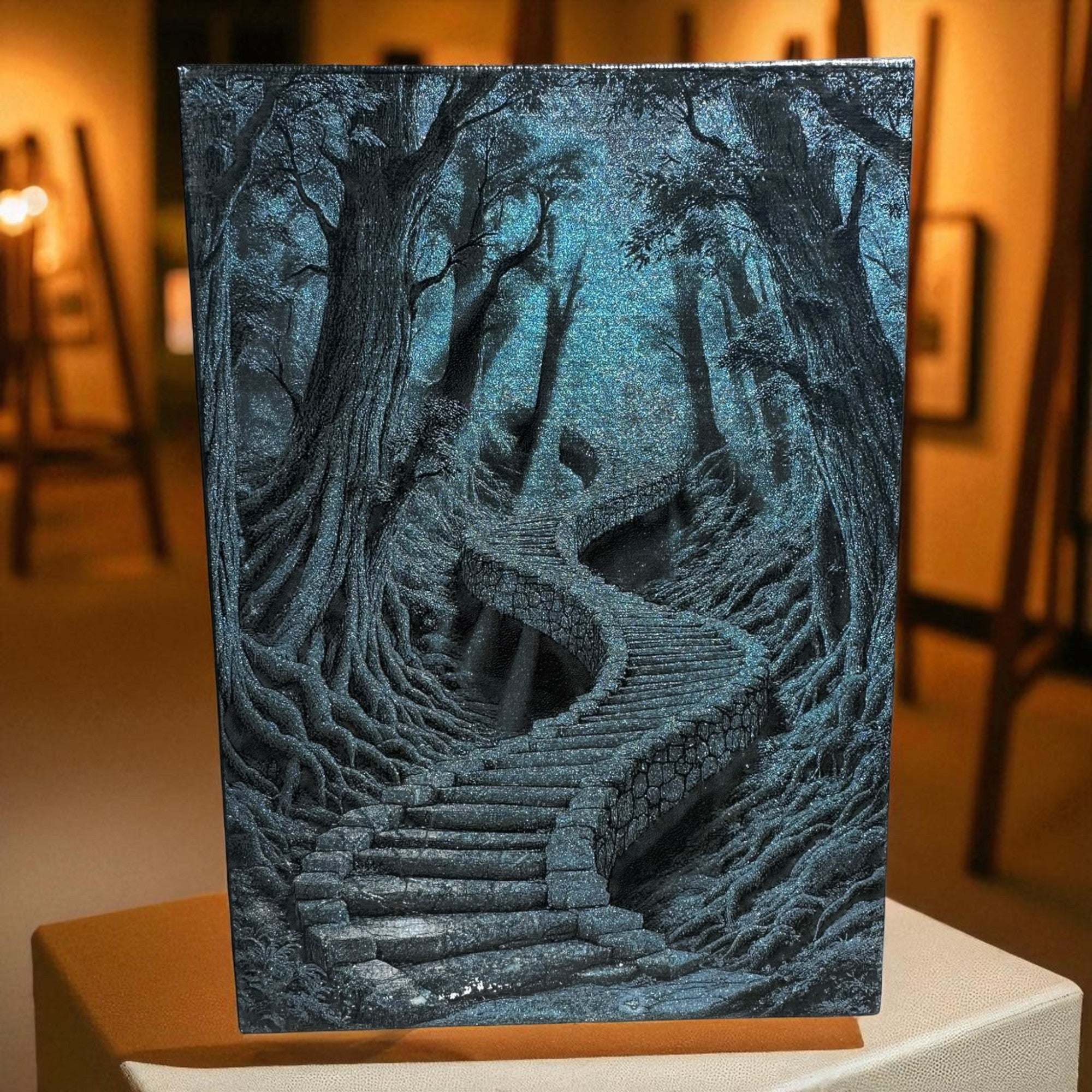 Canvas art of laser-engraved forest stairway on 5x7 canvas with detailed trees and winding stone steps