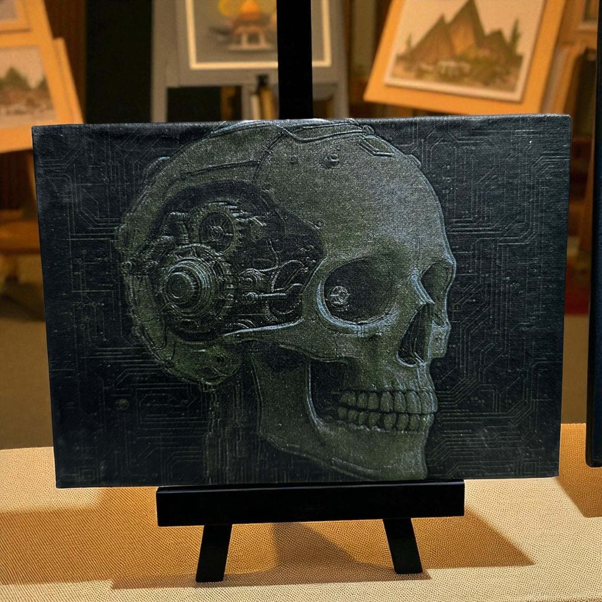 Laser-engraved 5x7 canvas art featuring a mechanical skull design