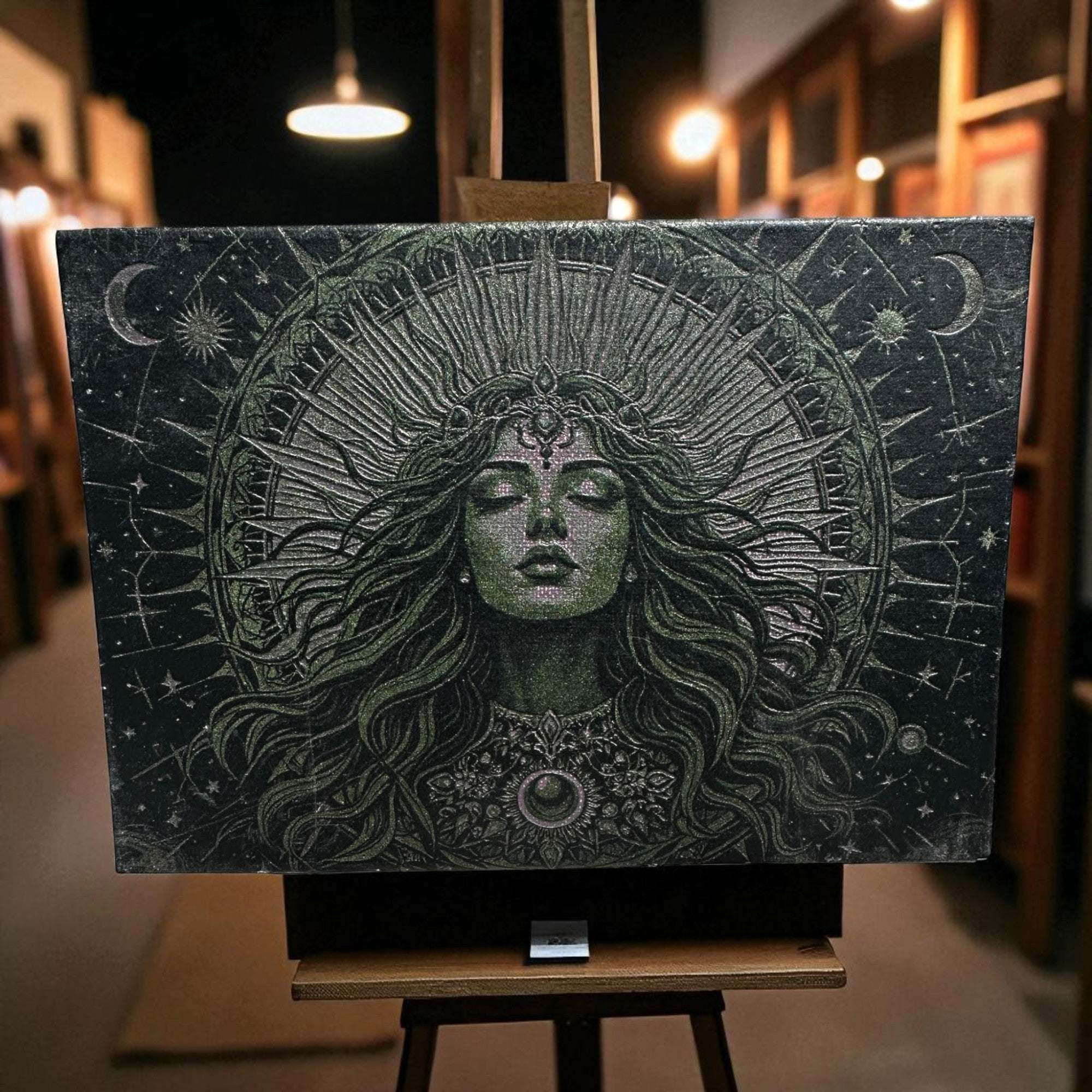 Laser-engraved 5x7 canvas art of mythical goddess with celestial design
