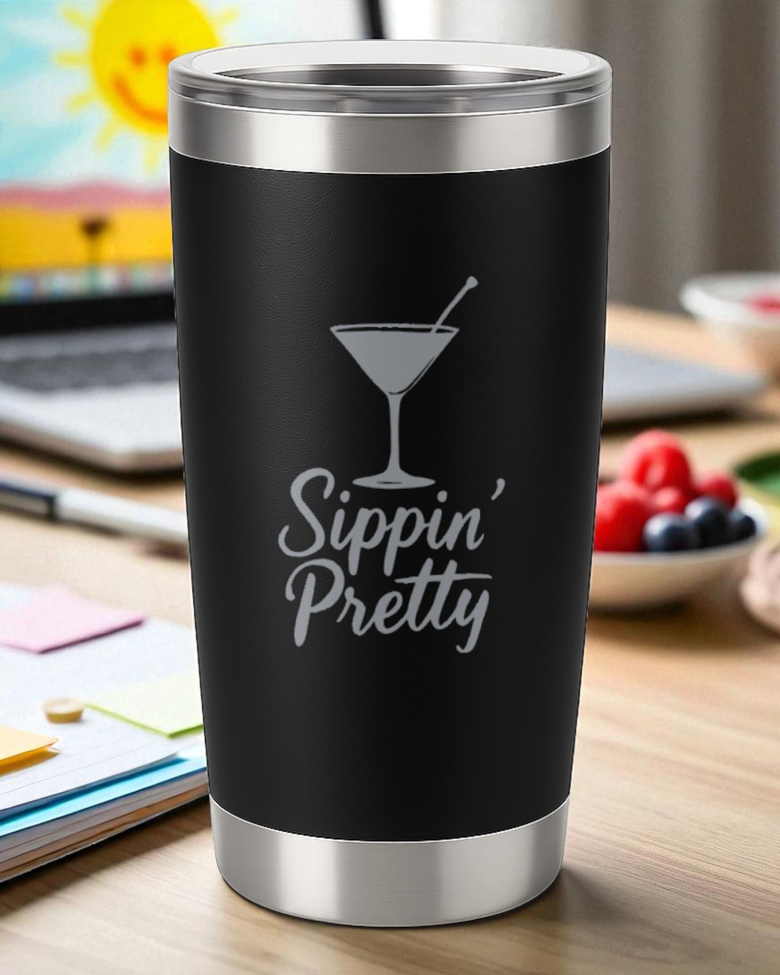 20oz black stainless steel tumbler engraved with "Sippin' Pretty" and a martini glass graphic, double-walled insulated with clear lid