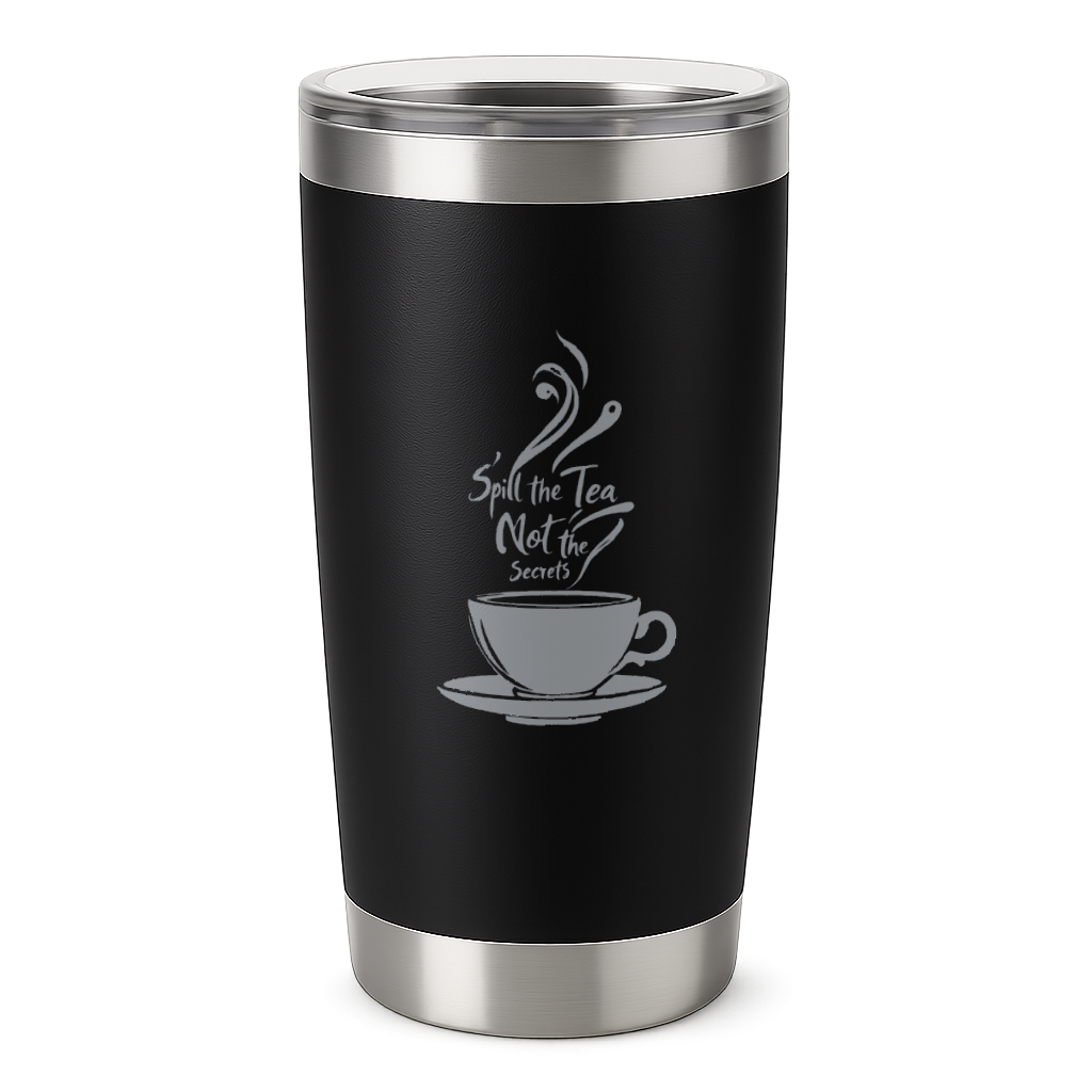20oz black engraved tumbler with "Spill the Tea Not the Secrets" design and clear lid, double-wall insulated