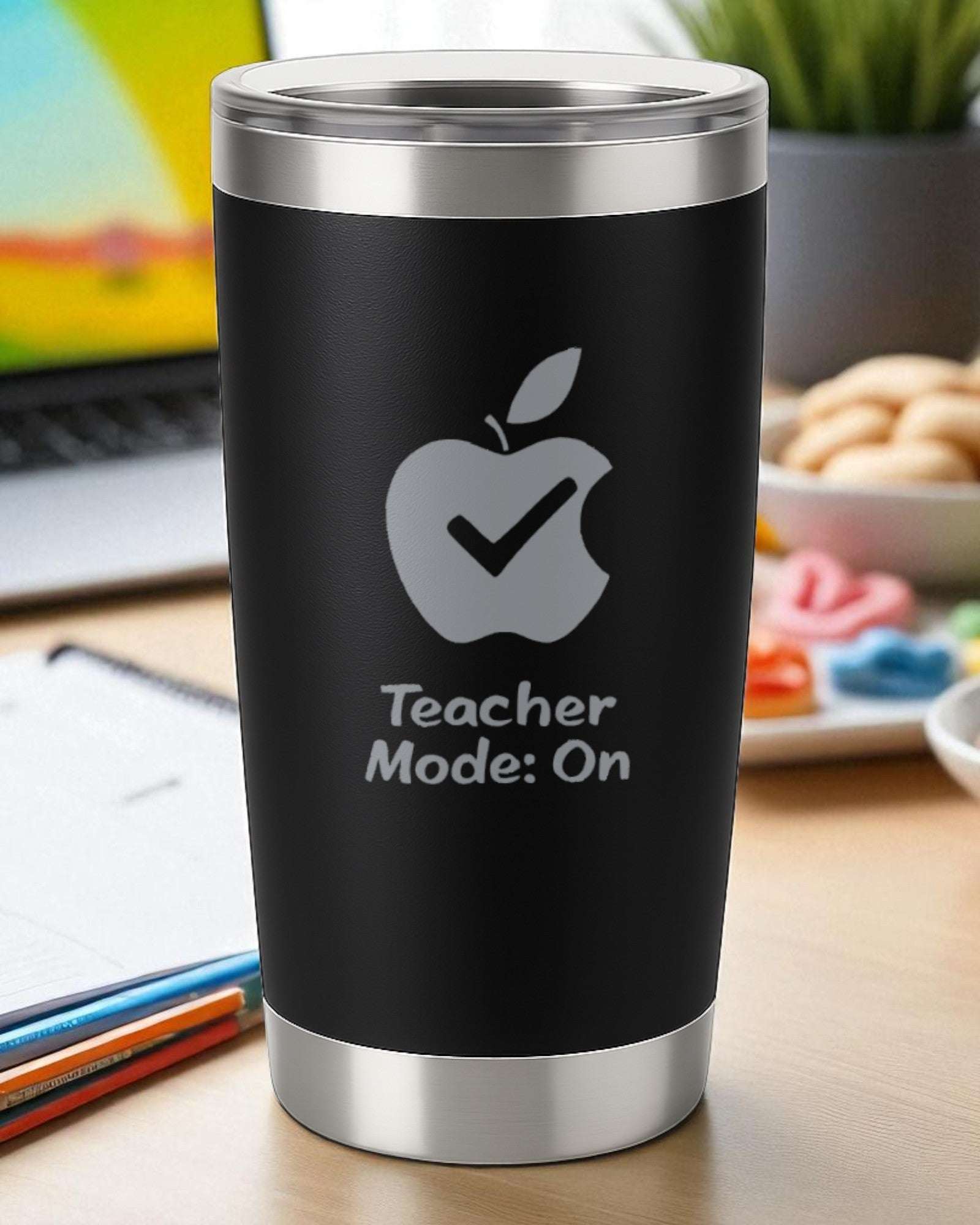 Black 20oz insulated tumbler engraved with "Teacher Mode: On" and apple checkmark design, dishwasher safe teacher appreciation tumbler