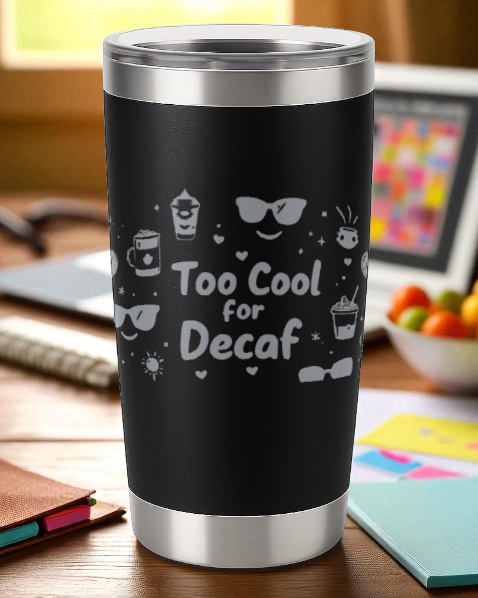 20oz black stainless steel insulated tumbler with "Too Cool for Decaf" laser-engraved design and clear lid on wooden desk