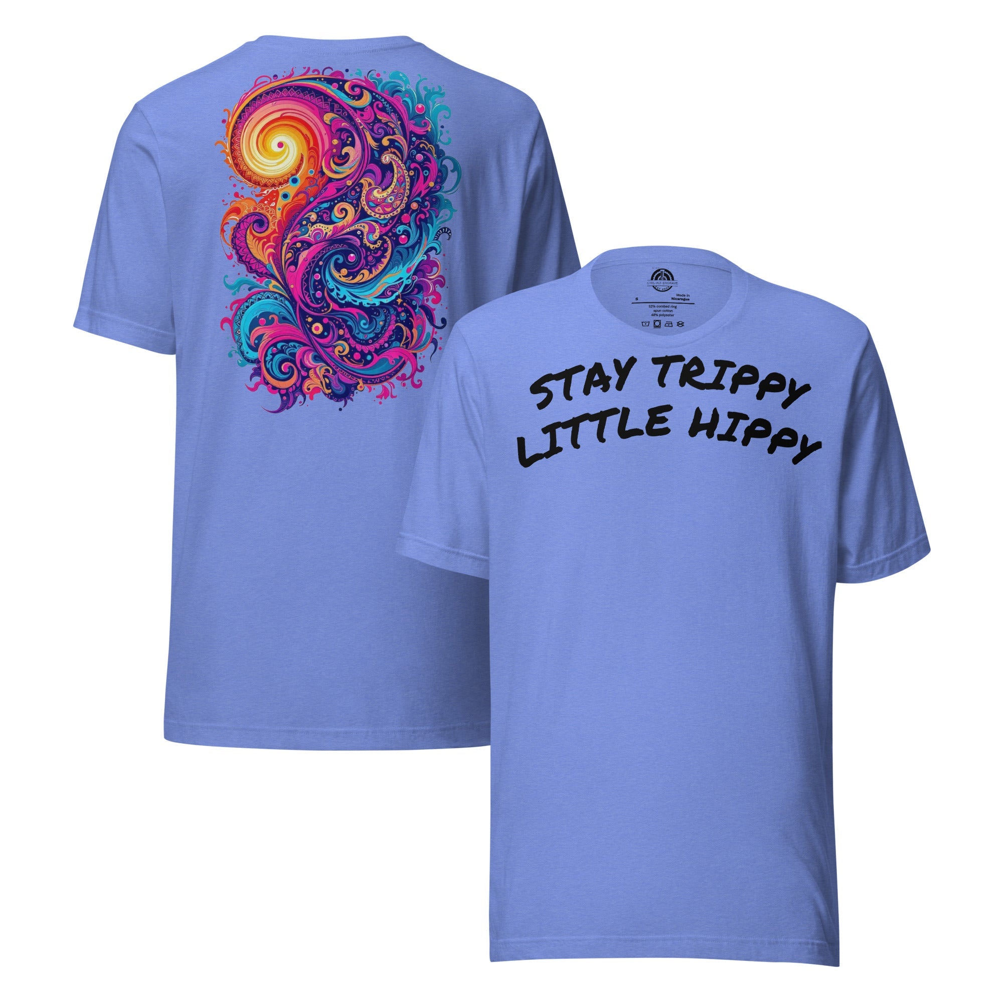 Light purple Stay Trippy graphic tee with bold retro psychedelic swirl design on back and "Stay Trippy Little Hippy" text on front