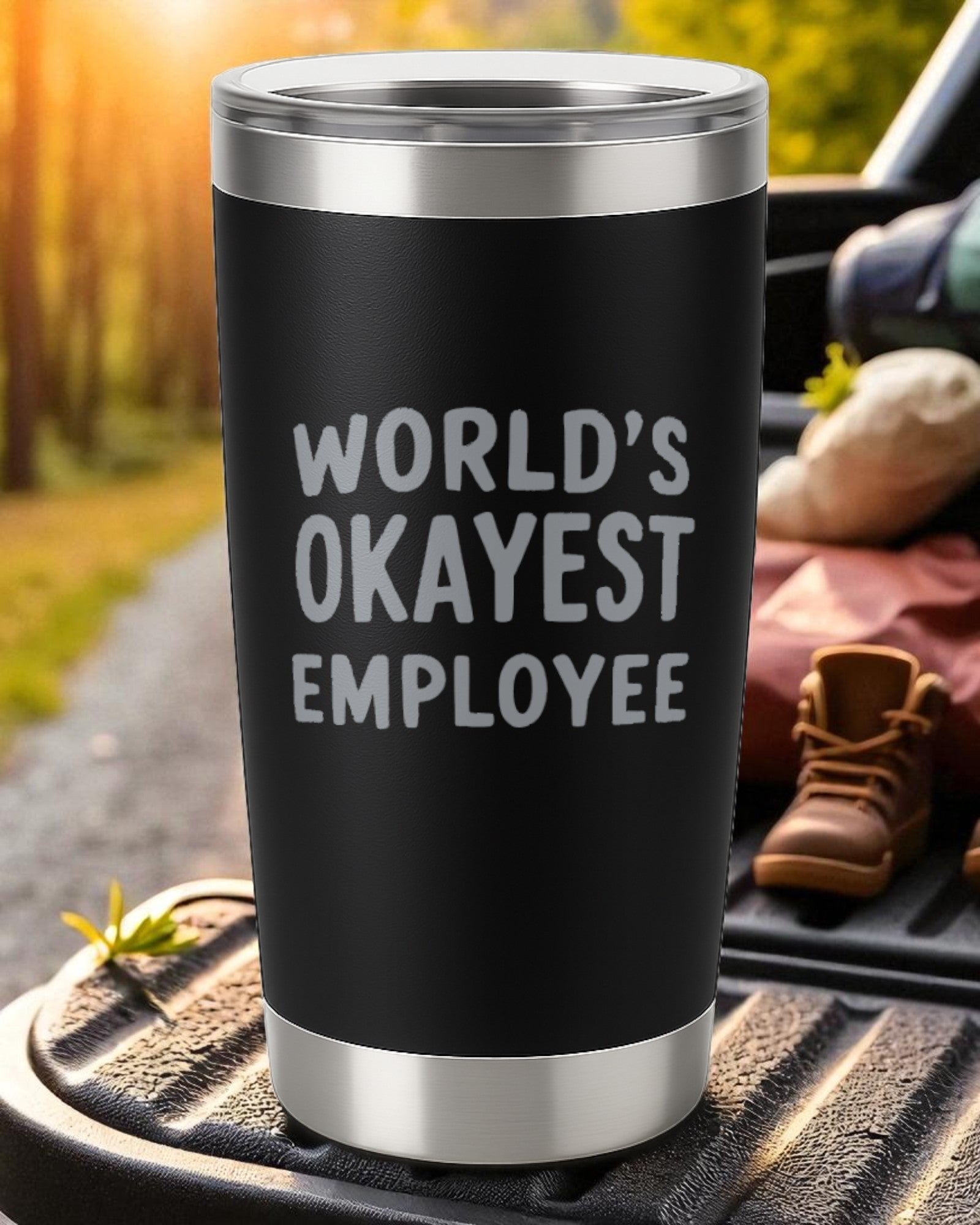 20oz black stainless steel tumbler with "World's Okayest Employee" laser-engraved text and clear sliding lid