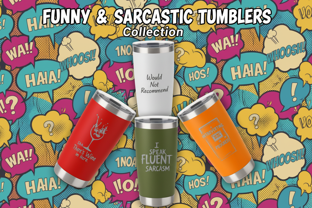 Funny and sarcastic laser engraved tumblers with dark humor designs