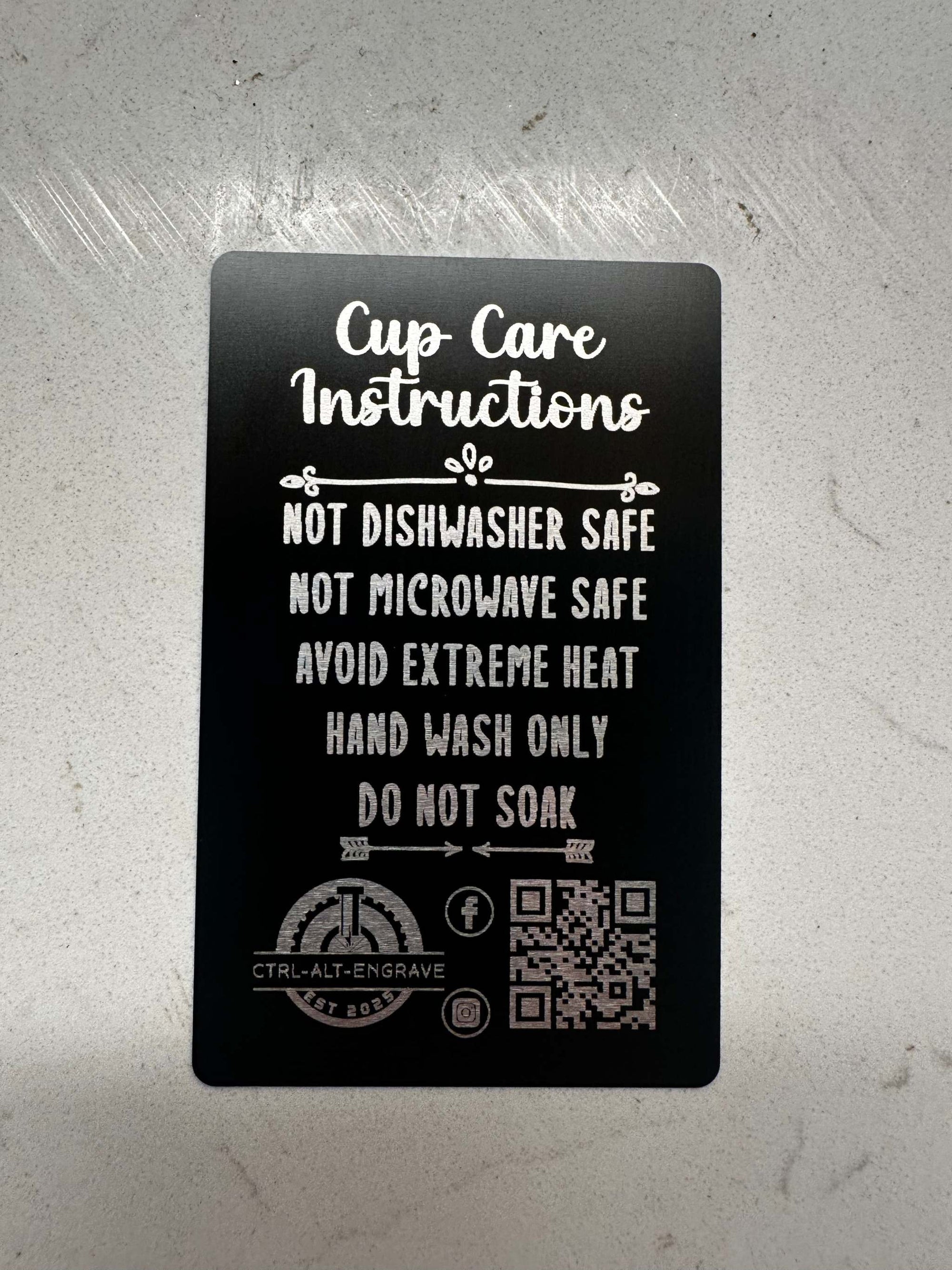 Cup care instructions for custom engraved 20oz tumbler: hand wash only, avoid extreme heat.