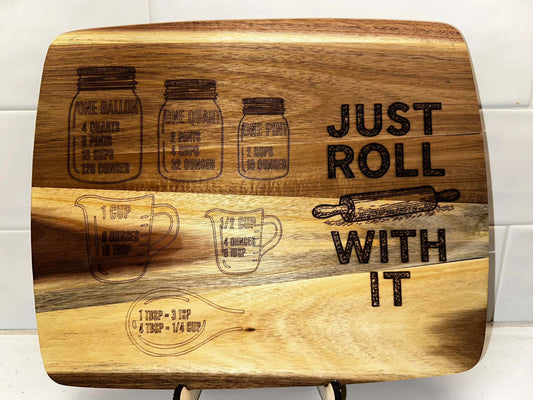 Custom engraved cutting board with jars and rolling pin design, acacia wood, personalized recipe gift.