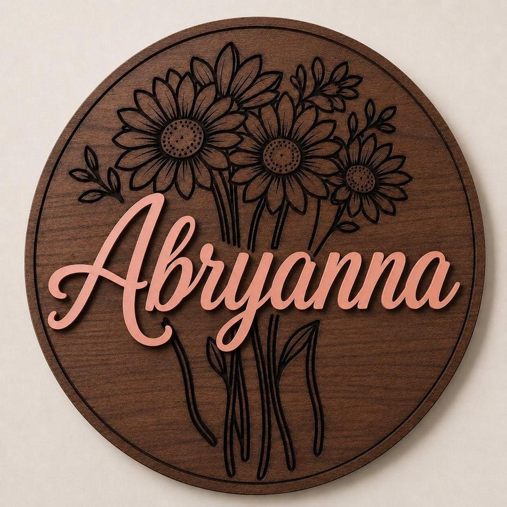 Custom Floral Name Sign | Personalized Round Wood Wall Decor Ctrl-Alt-Engrave