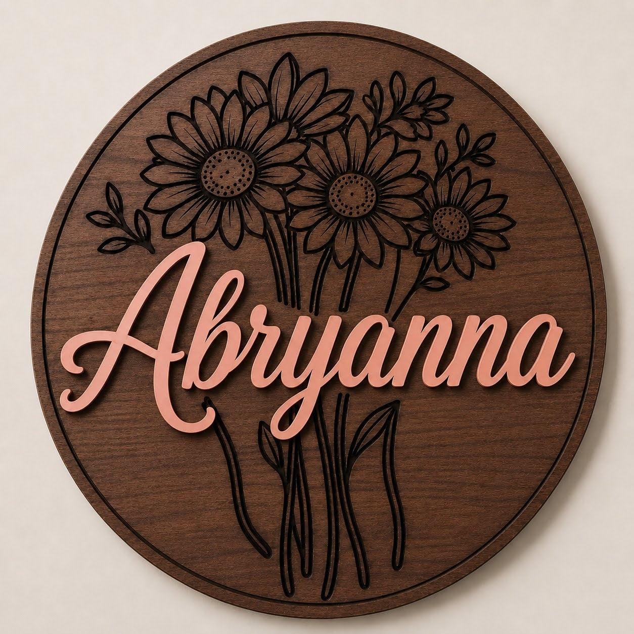 Custom Floral Name Sign | Personalized Round Wood Wall Decor Ctrl-Alt-Engrave