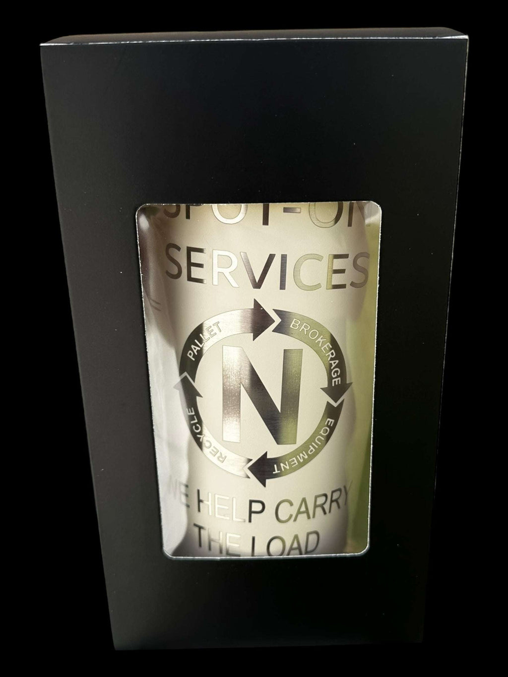 Custom engraved 20oz tumbler in gift packaging with logo, ideal for business promotions and gifts.