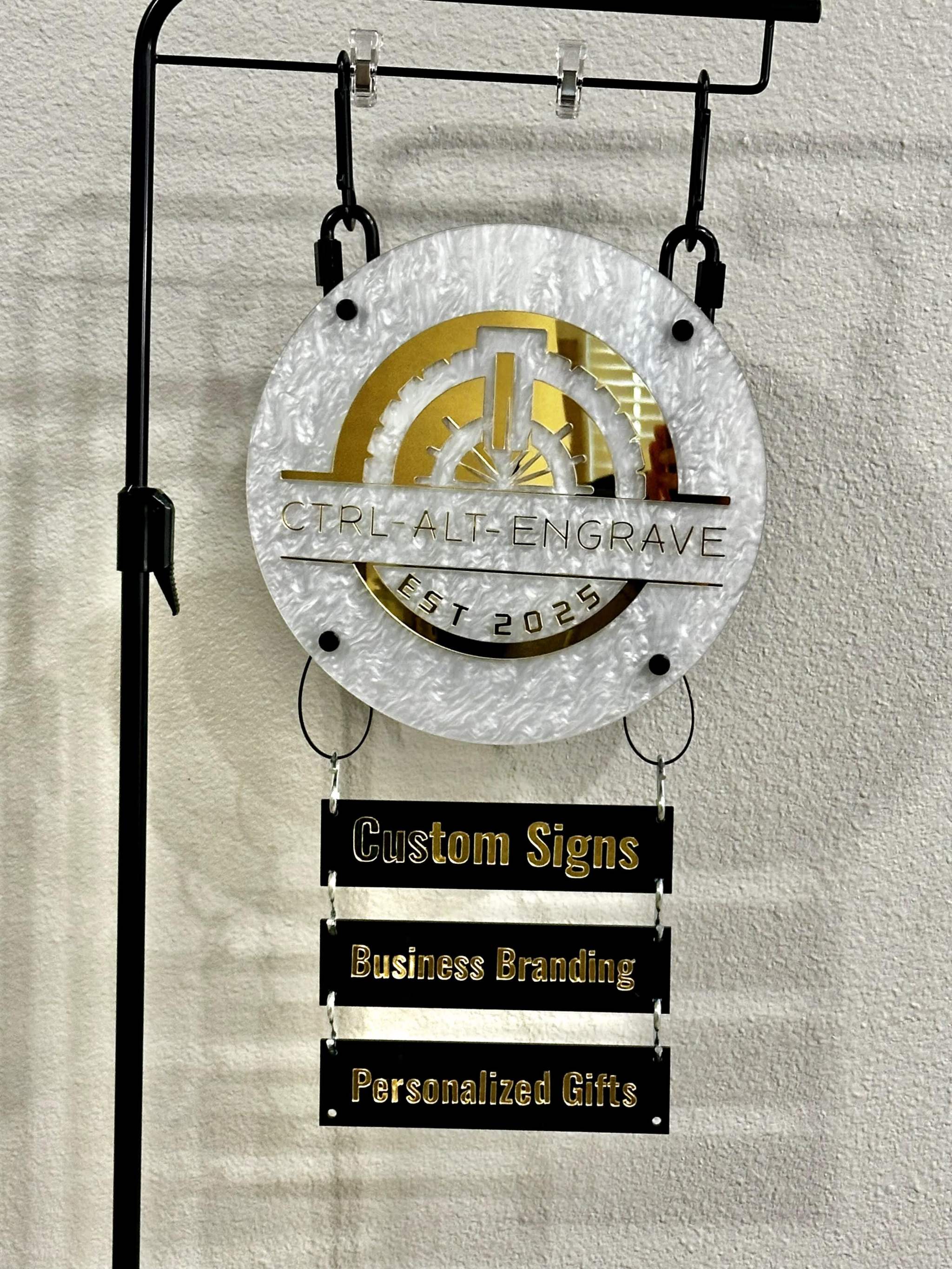 Custom Vendor Booth Sign System | Modular Hanging Acrylic Sign with Drop-Down Panels Ctrl-Alt-Engrave