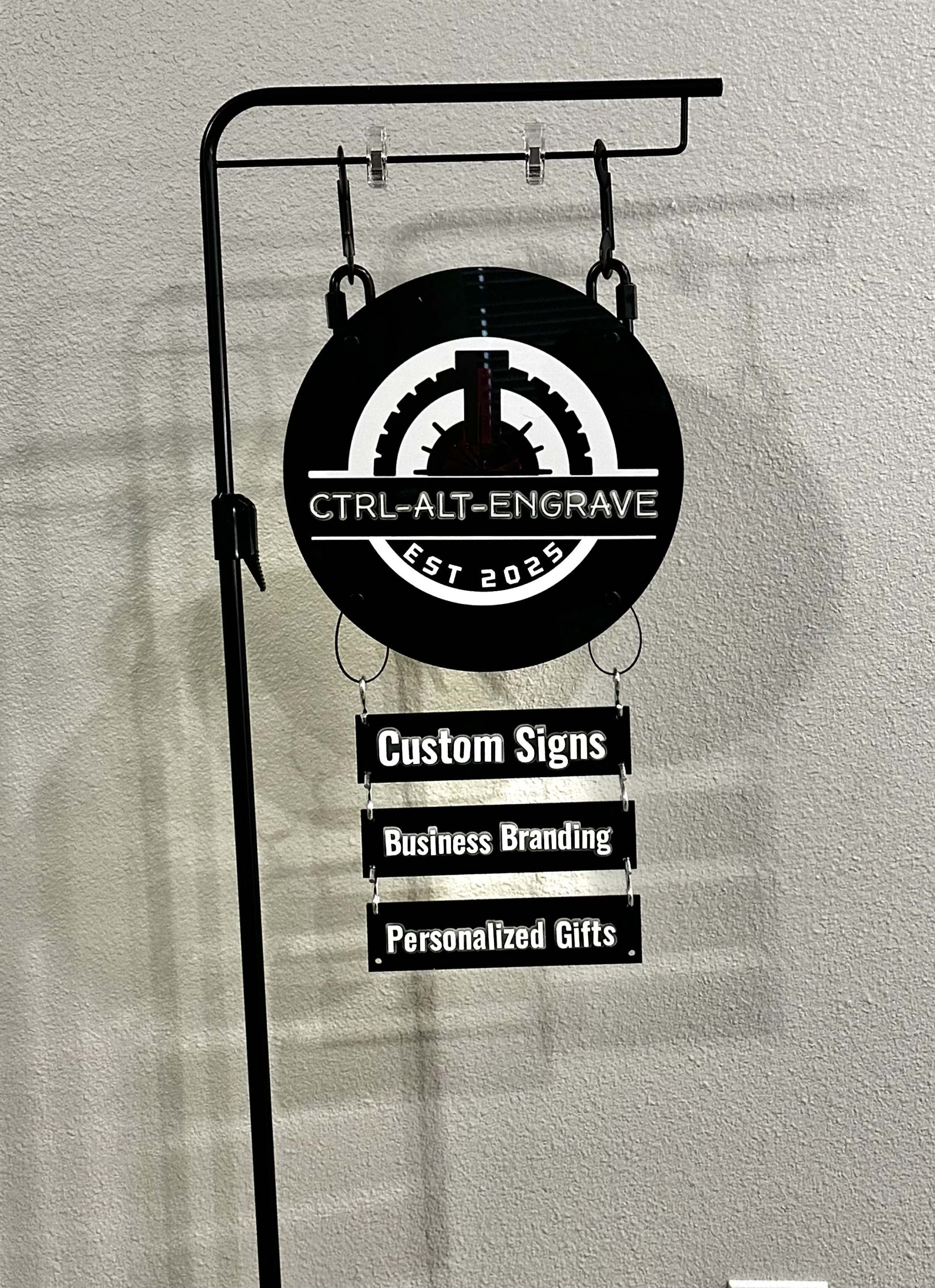 Custom Vendor Booth Sign System | Modular Hanging Acrylic Sign with Drop-Down Panels Ctrl-Alt-Engrave