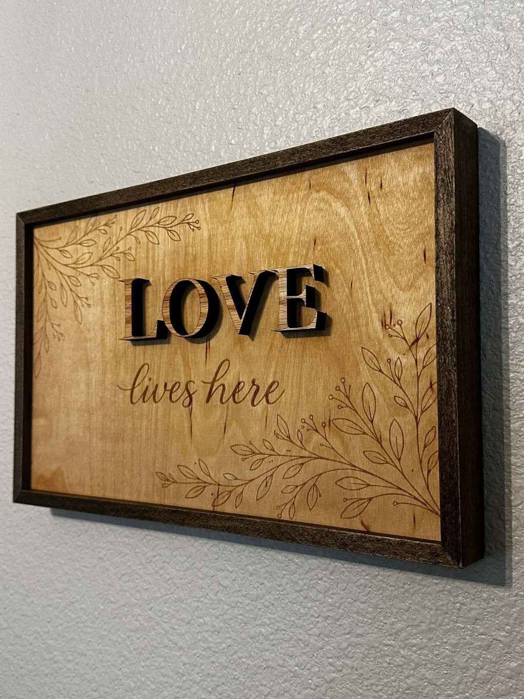 Love Lives Here Framed Wood Sign | Botanical Engraved Wall Decor Ctrl-Alt-Engrave