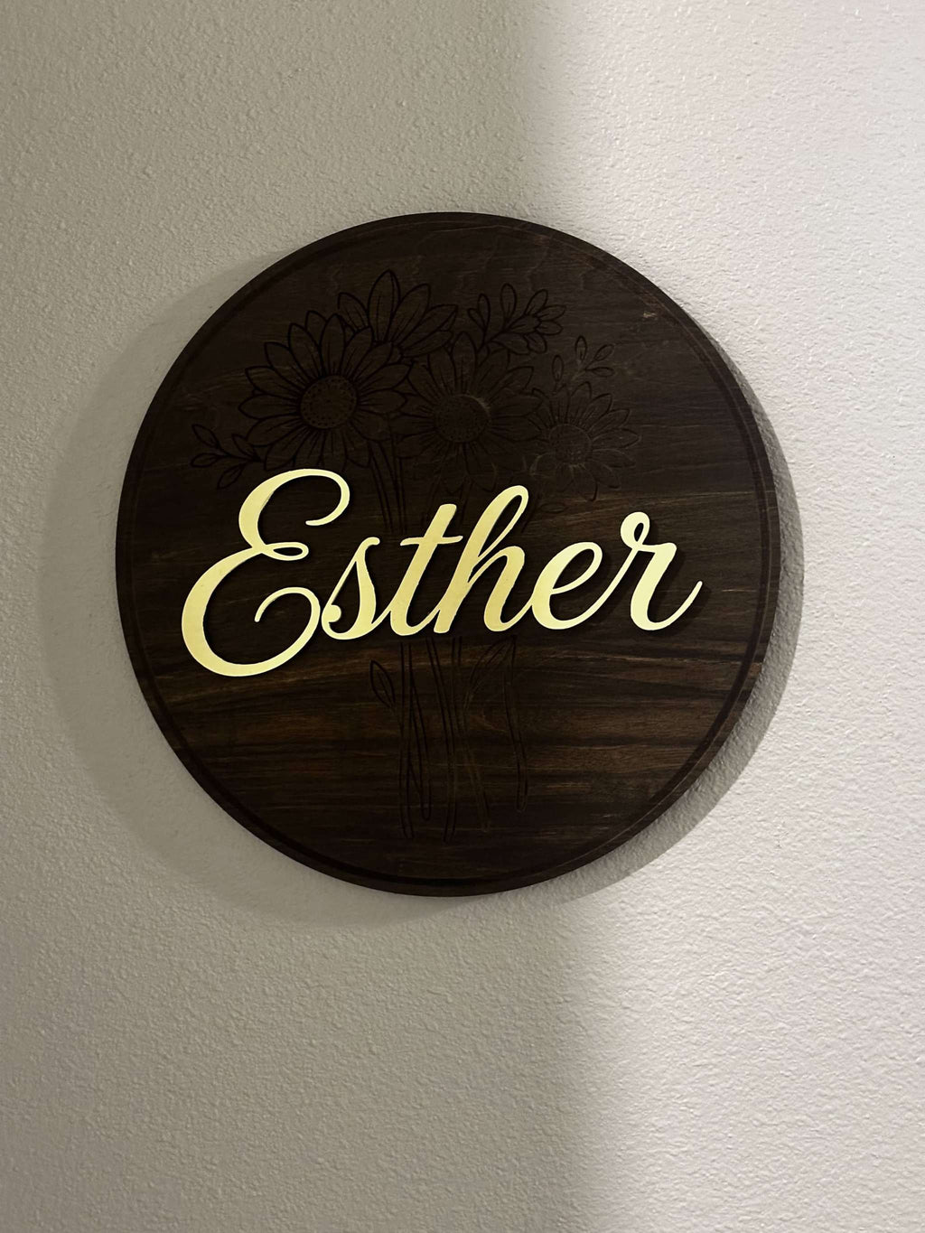 Custom Floral Name Sign | Personalized Round Wood Wall Decor Ctrl-Alt-Engrave
