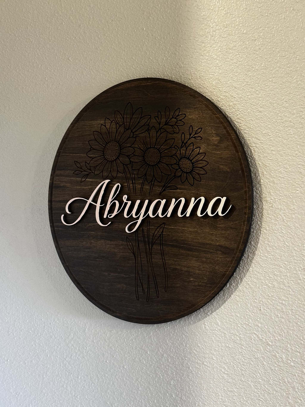 Custom Floral Name Sign | Personalized Round Wood Wall Decor Ctrl-Alt-Engrave