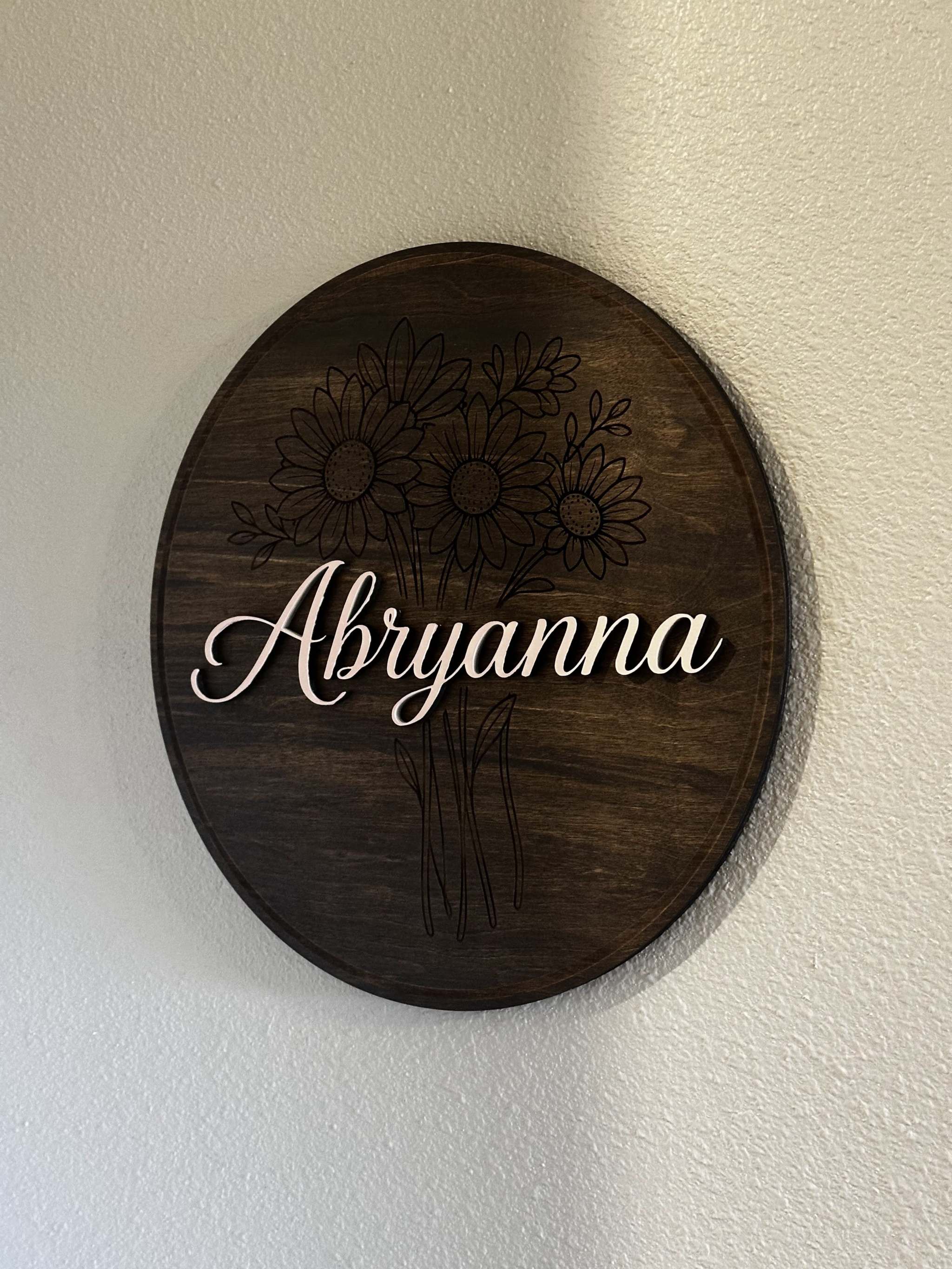 Custom Floral Name Sign | Personalized Round Wood Wall Decor Ctrl-Alt-Engrave