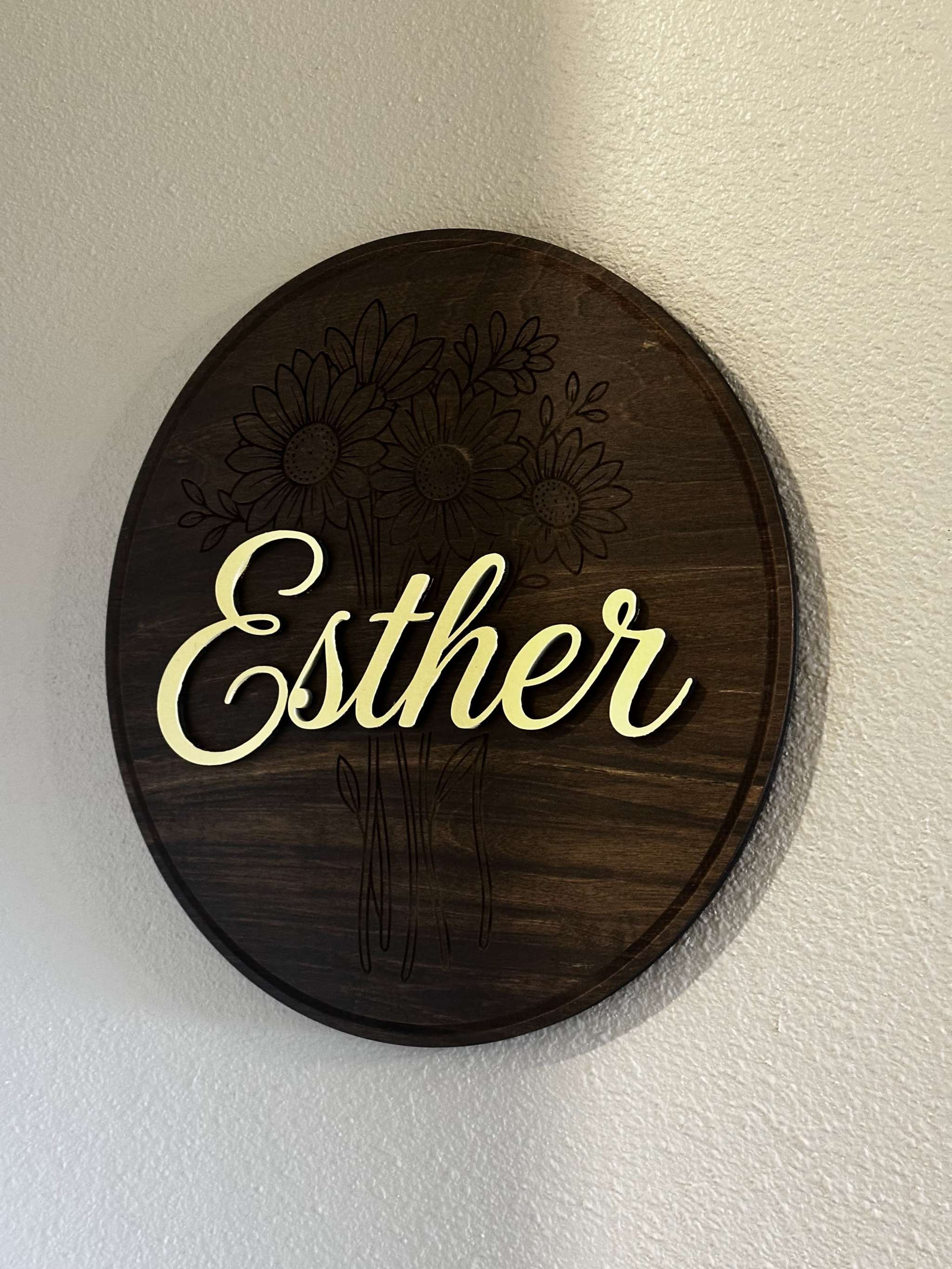 Custom Floral Name Sign | Personalized Round Wood Wall Decor Ctrl-Alt-Engrave