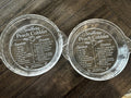 Clear glass baking dish with engraved Southern Peach Cobbler recipe on underside