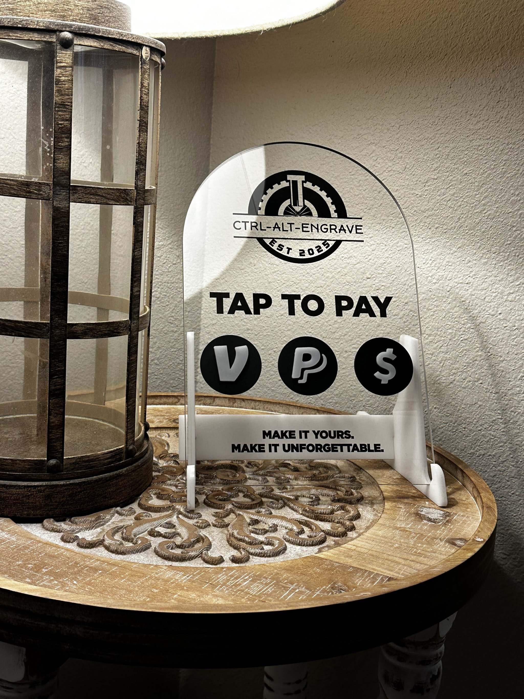 Custom acrylic NFC Tap to Pay vendor display with laser-engraved logo and layered payment icons for small businesses