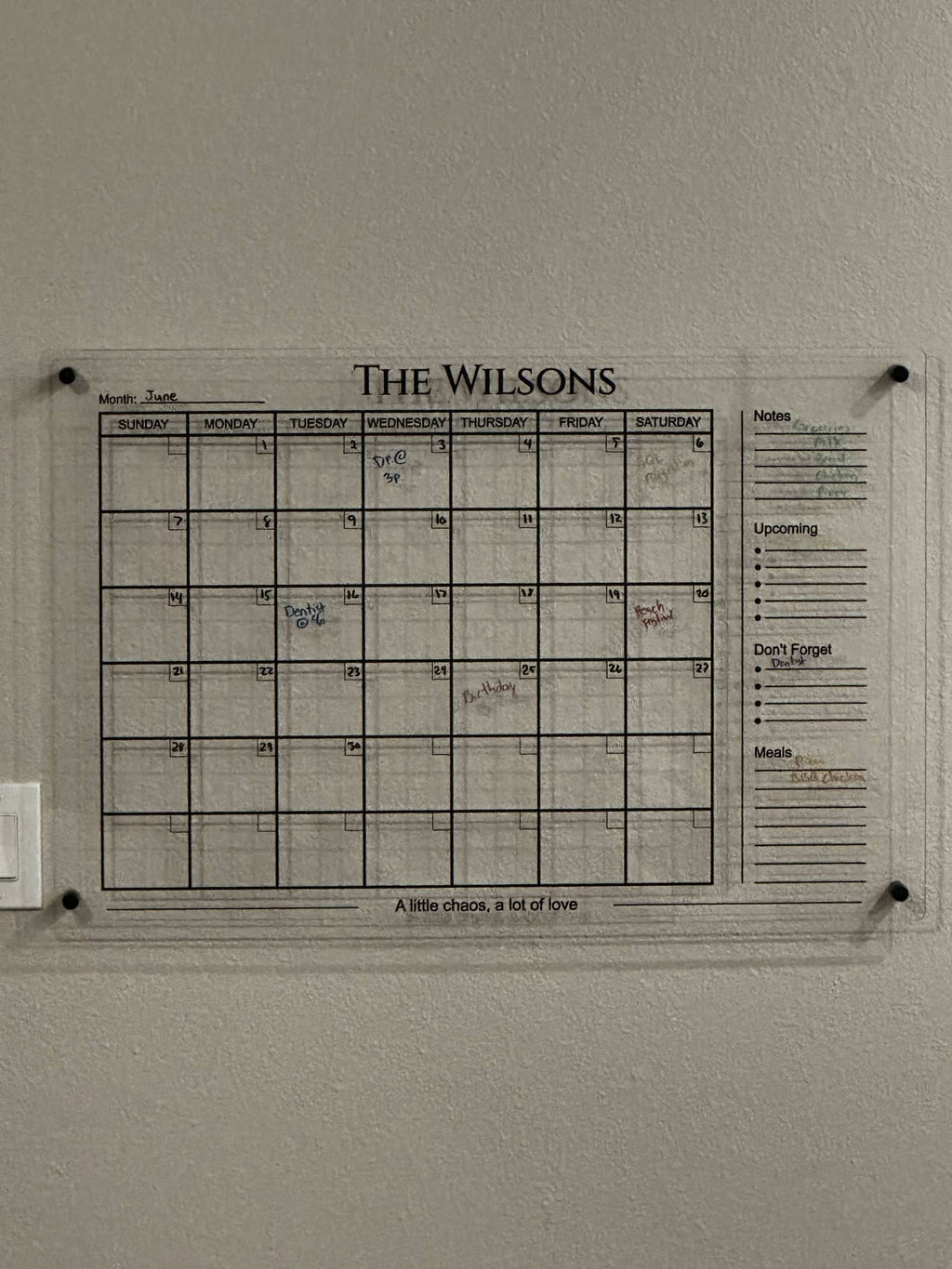 Custom personalized acrylic family calendar wall organizer with wet-erase writing and standoff mounts