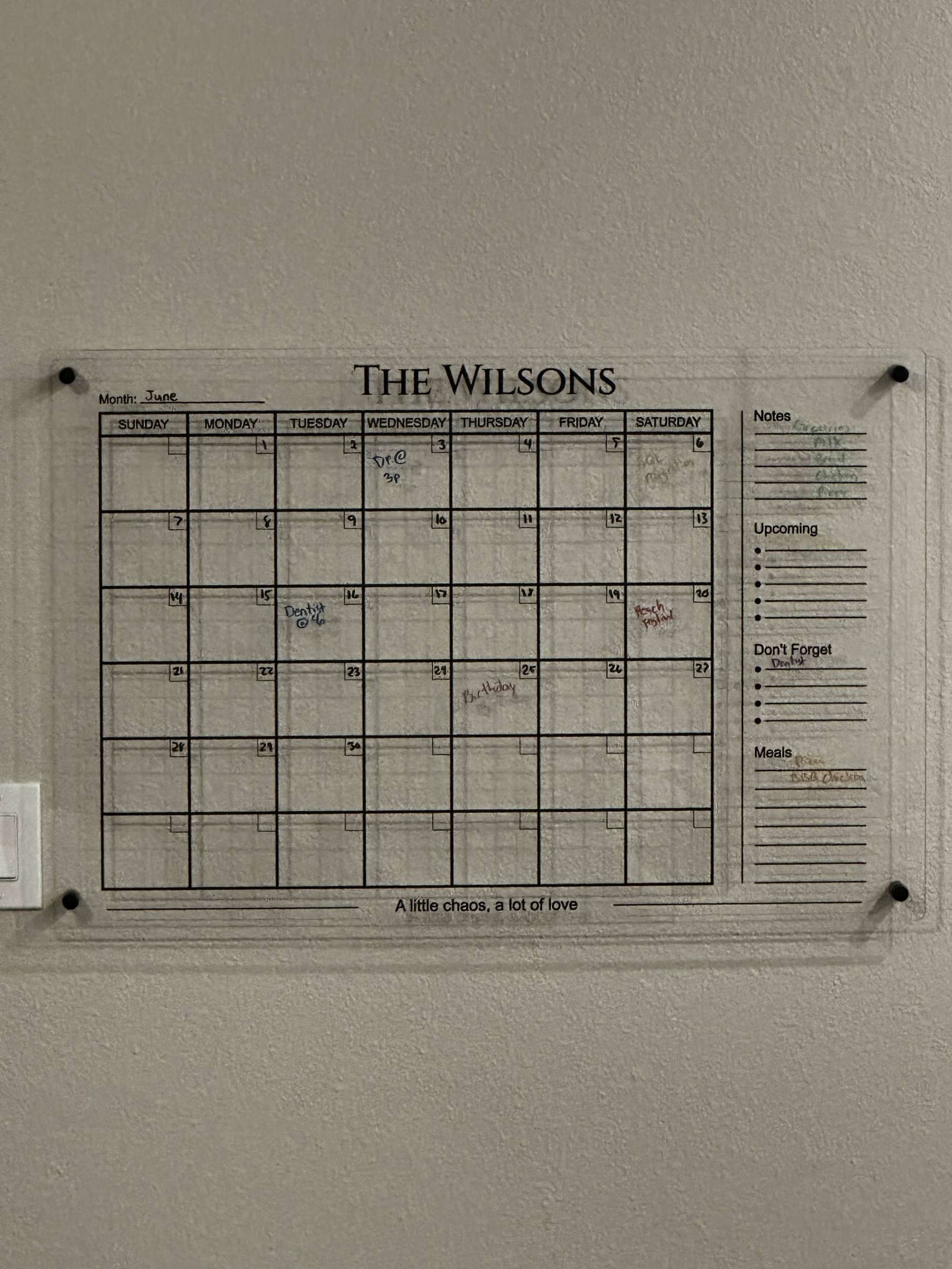 Custom personalized acrylic family calendar wall organizer with wet-erase writing and standoff mounts
