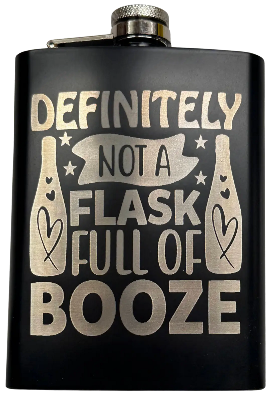 Funny Laser Engraved 8oz Flask with matte black finish and humor design.