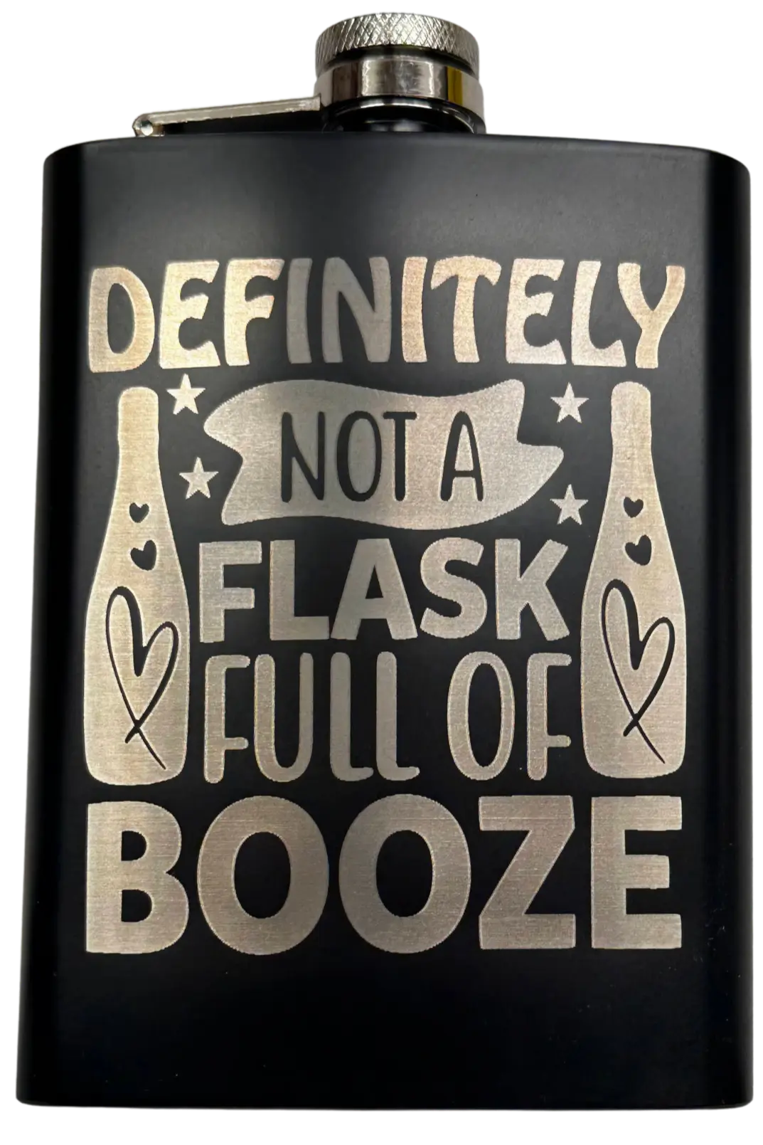 Funny Laser Engraved 8oz Flask with matte black finish and humor design.
