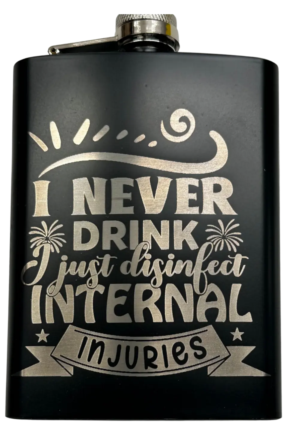 Funny Laser Engraved 8oz Flask with humorous design, matte black finish, and leak-proof cap.