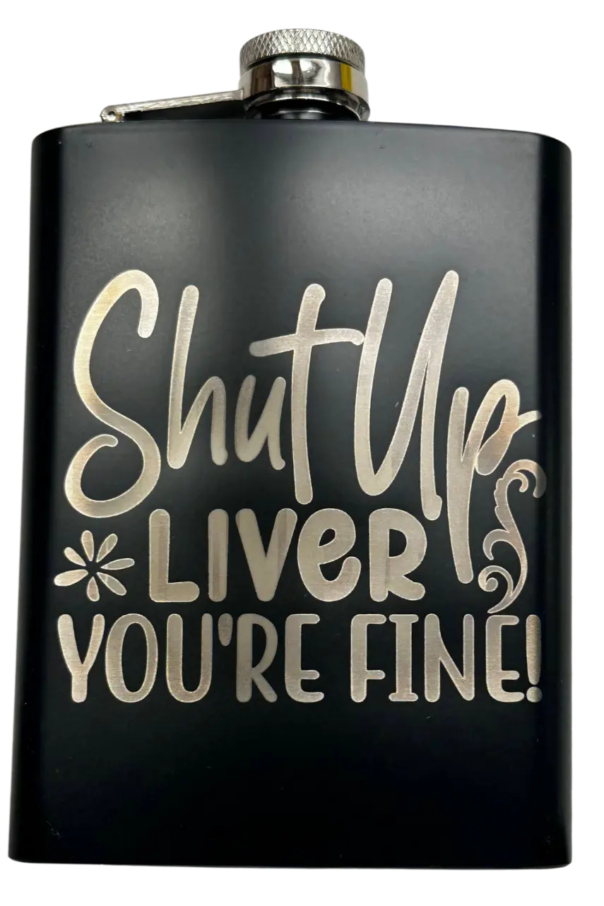 Funny Laser Engraved 8oz Flask with matte black finish and humorous design.