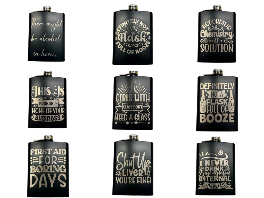 Funny Laser Engraved 8oz Flask with humor designs, stainless steel.
