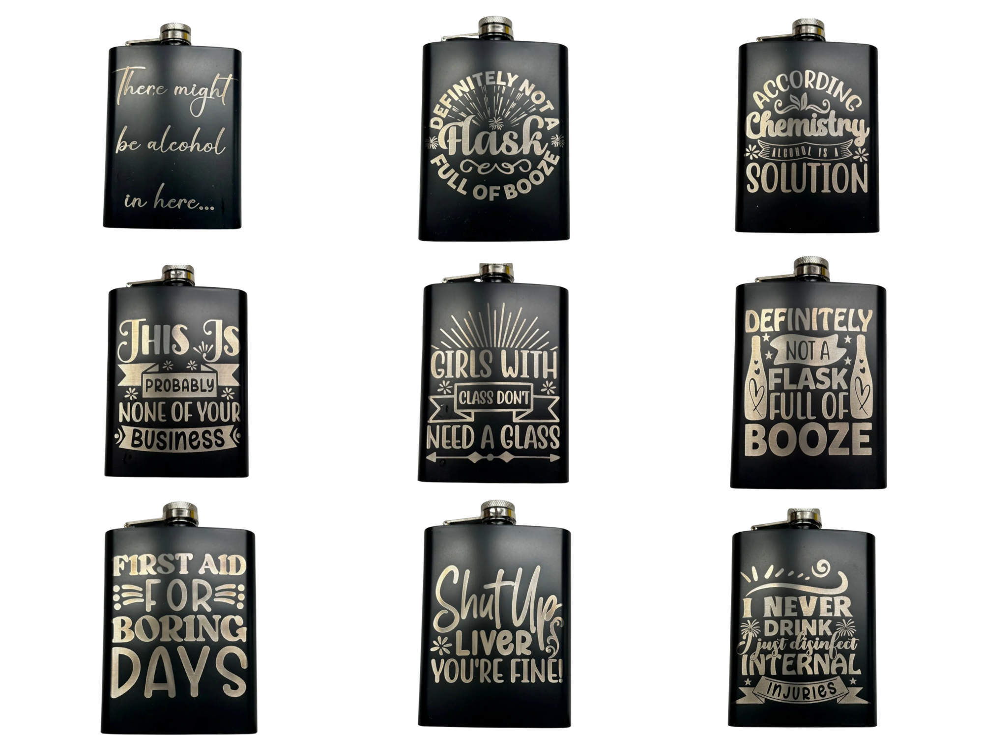 Funny Laser Engraved 8oz Flask with humor designs, stainless steel.