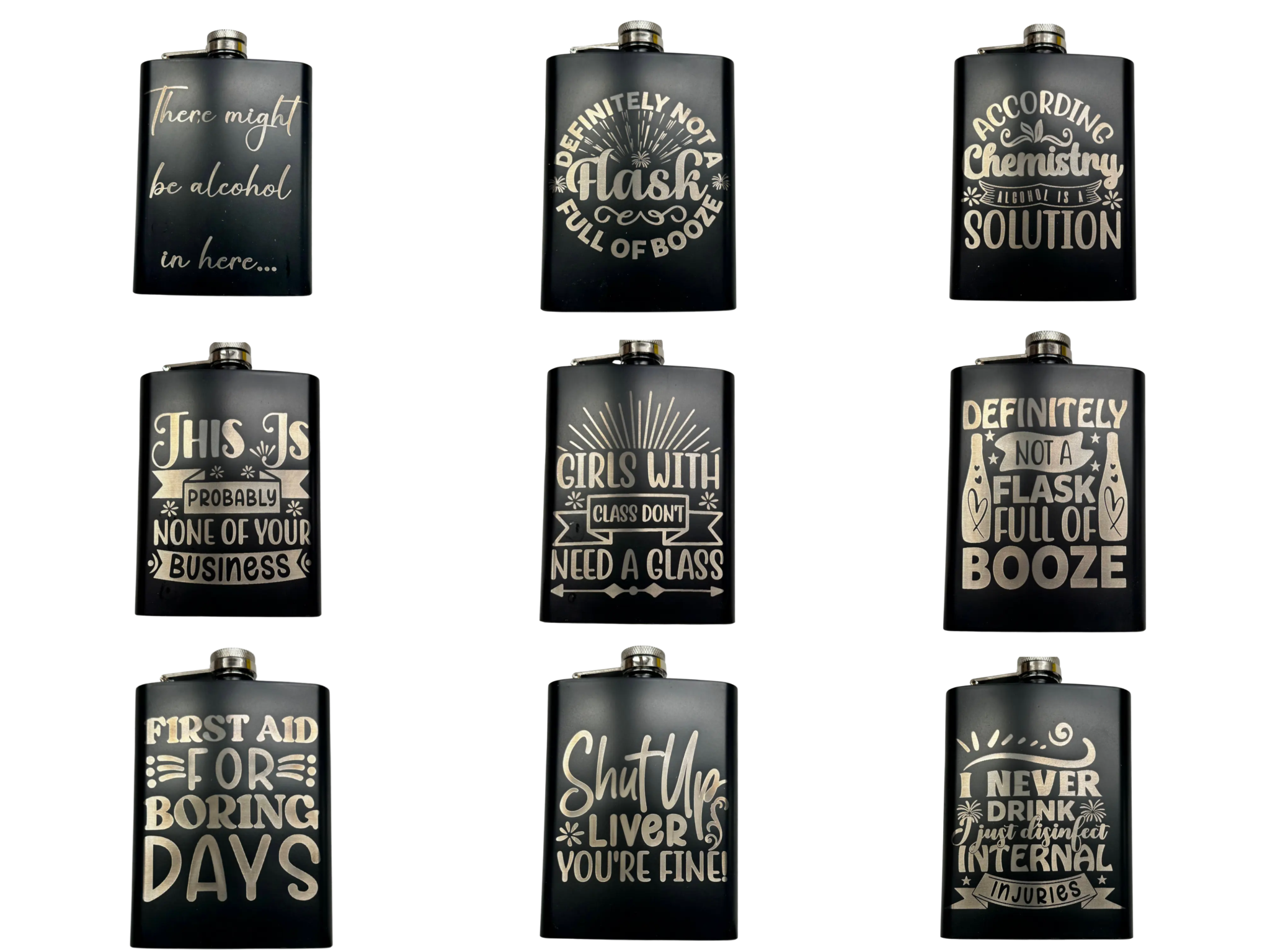 Funny Laser Engraved 8oz Flask with humor designs, stainless steel.