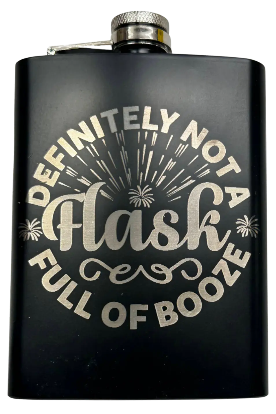Funny Laser Engraved 8oz Flask with humorous design, stainless steel, matte black finish.