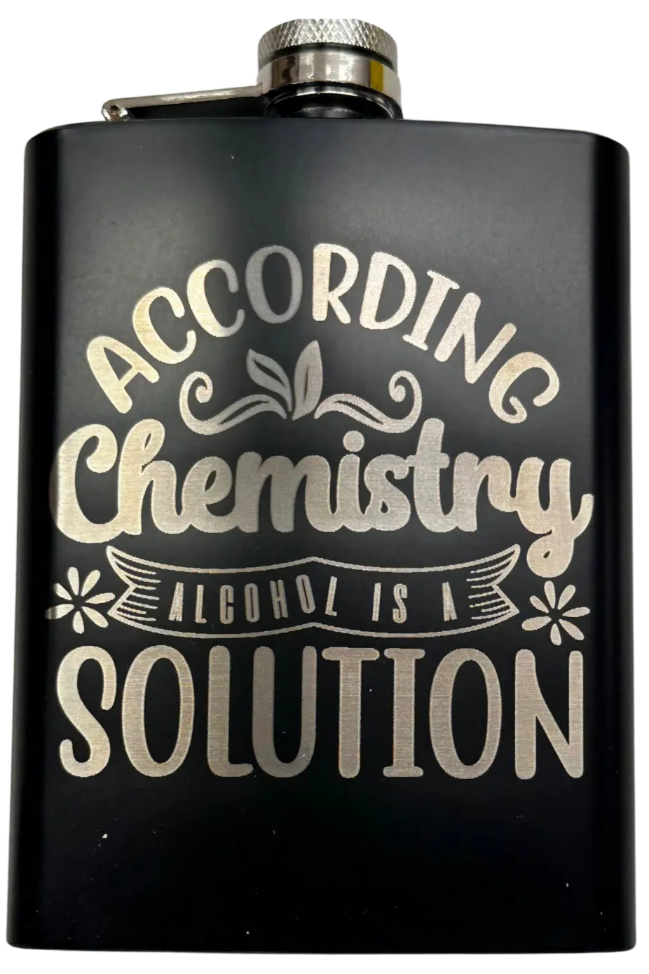 Funny Laser Engraved 8oz Flask with humorous chemistry design, matte black finish, and leak-proof cap.