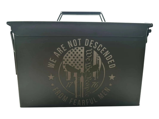 Personalized engraved ammo can with patriotic design for groomsmen or veterans.