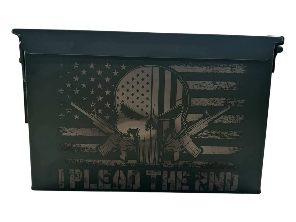Engraved ammo can with skull and American flag design, ideal for groomsmen or veterans.