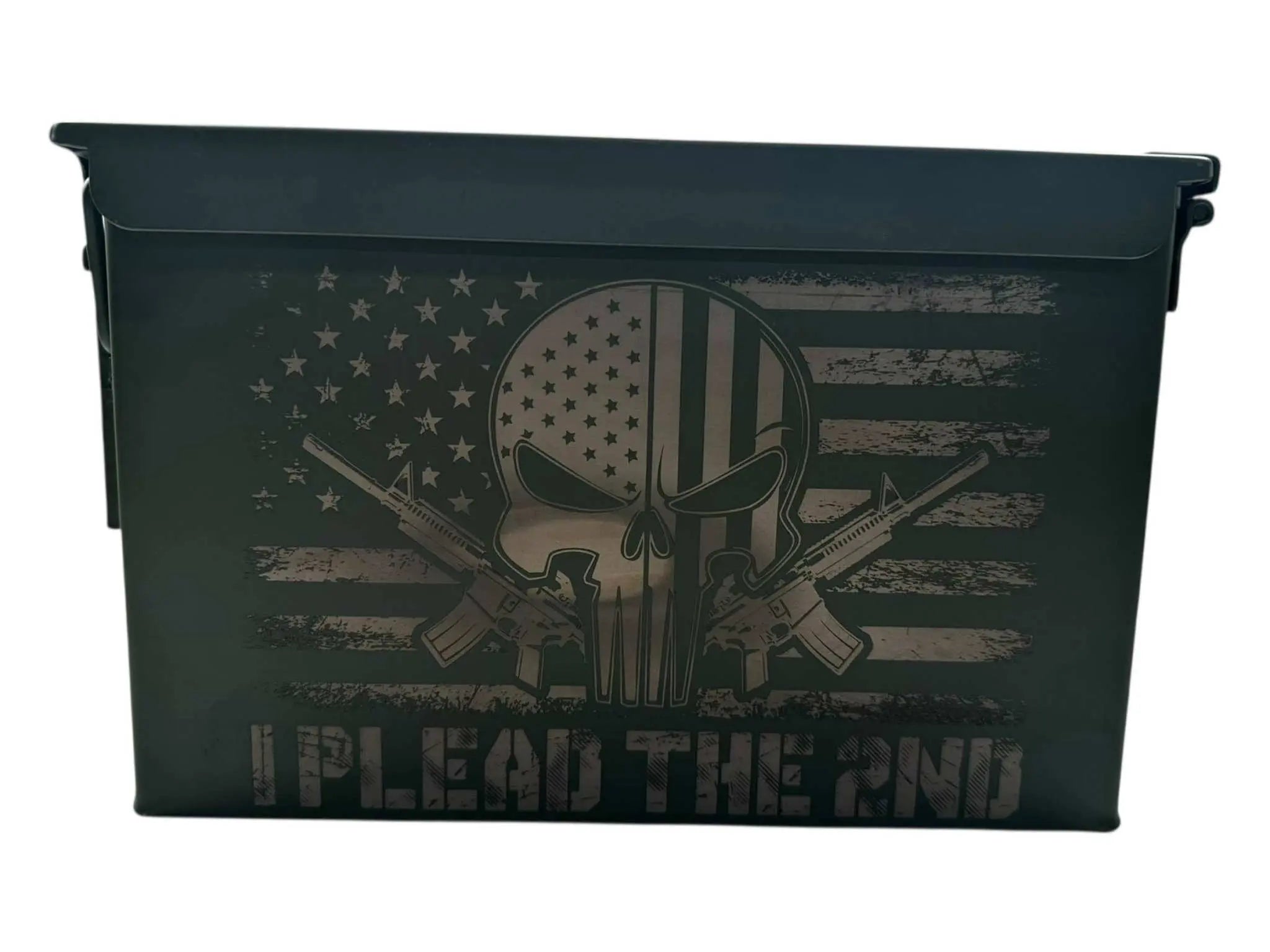 Engraved ammo can with skull and American flag design, ideal for groomsmen or veterans.
