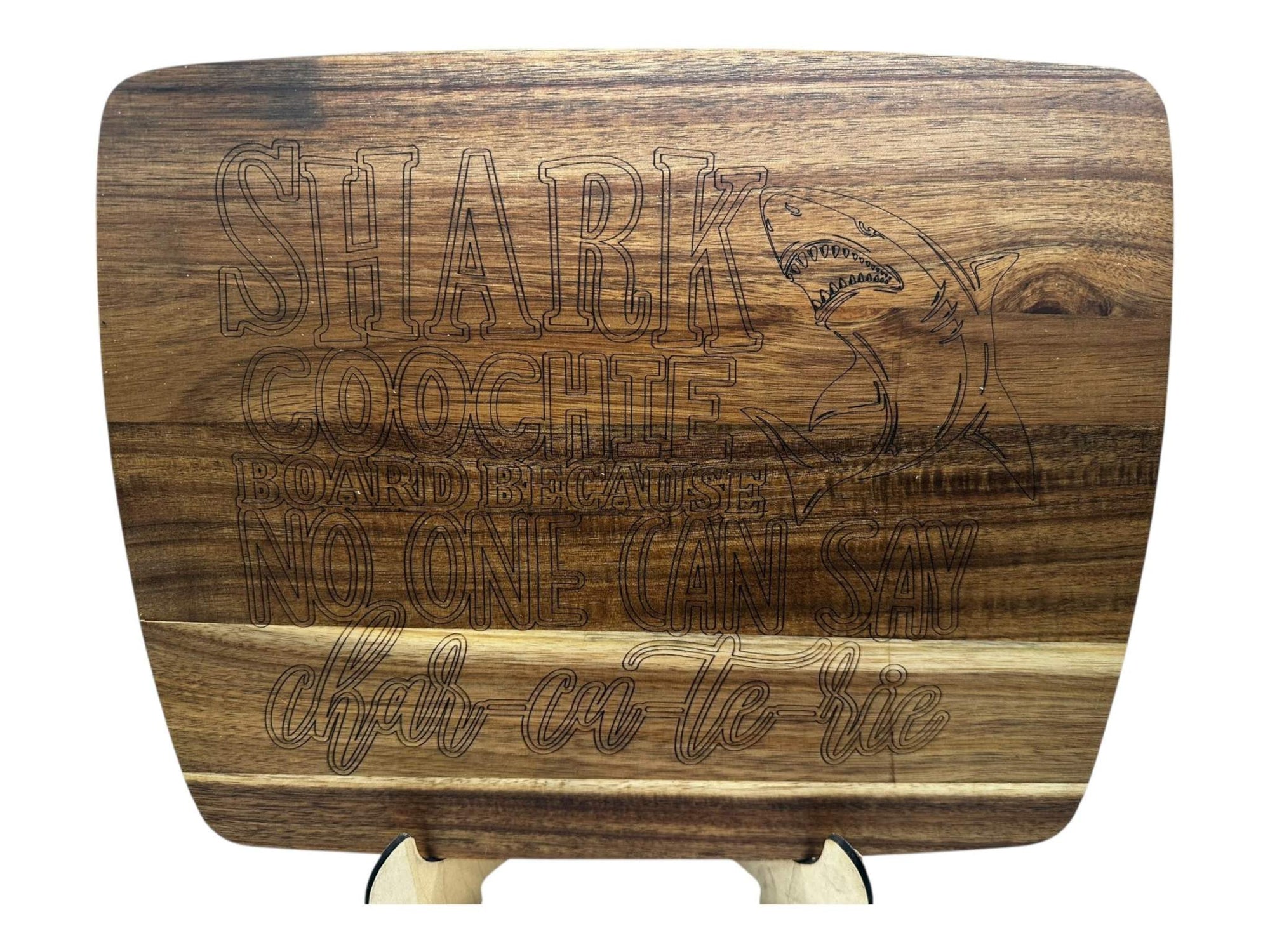 Engraved wooden cutting board with shark design and humorous text, 11x14 inches, Funny Shark Coochie charcuterie board.