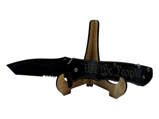 Custom Spring Assist Knife with Seatbelt Cutter, bottle opener, and glass breaker, featuring engraved handle design.