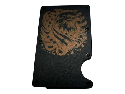 Engraved metal money clip wallet with RFID-blocking, custom design on black aluminum.