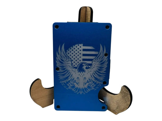 Engraved metal money clip wallet in blue with eagle design, RFID-blocking, sleek and durable.