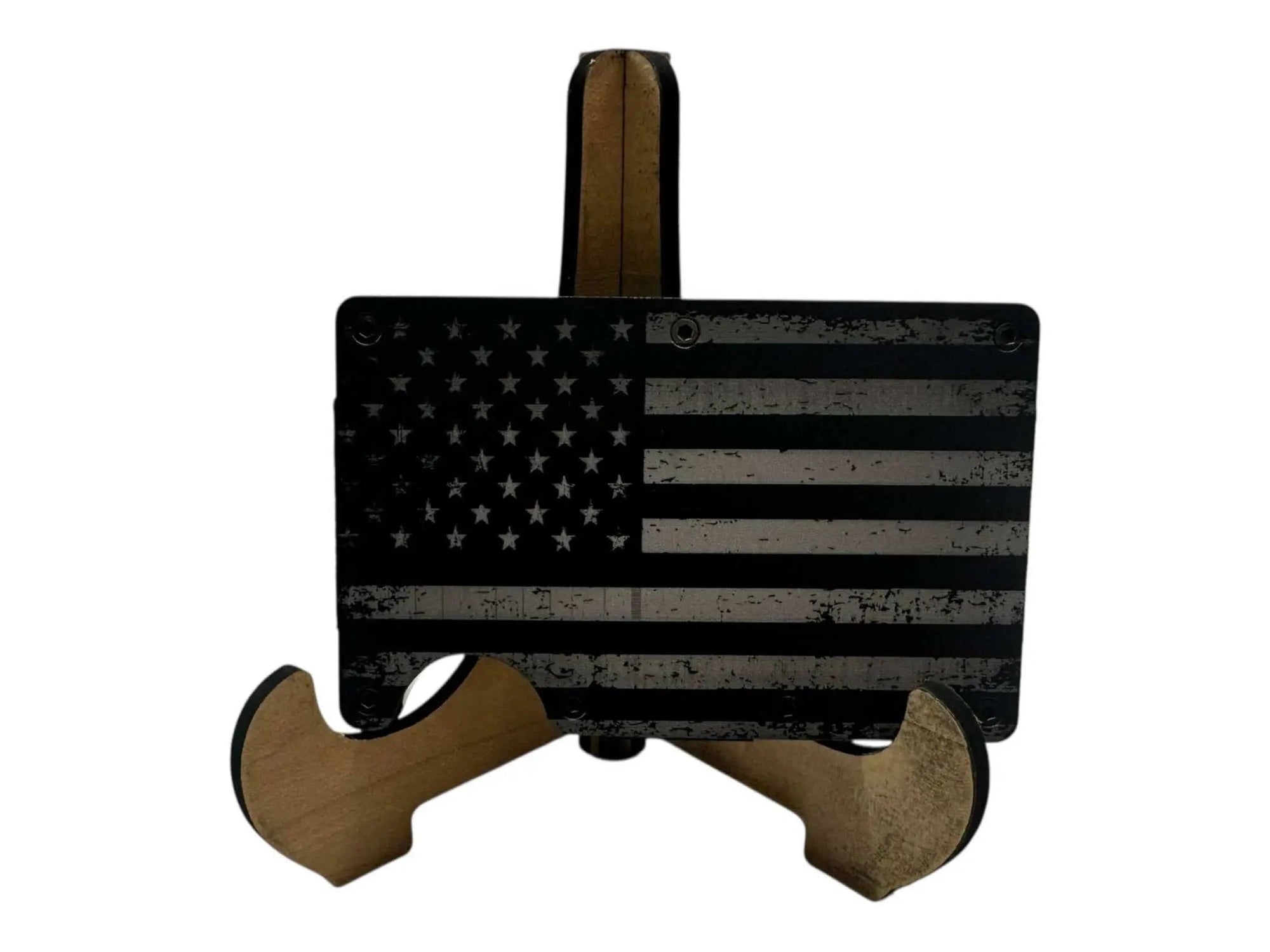 Engraved metal money clip wallet with American flag design, RFID‑blocking, black color.