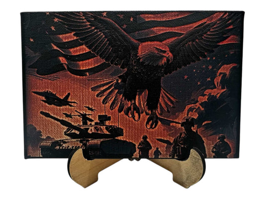 Engraved hand-painted canvas wall art with eagle and military scene, Americana theme.