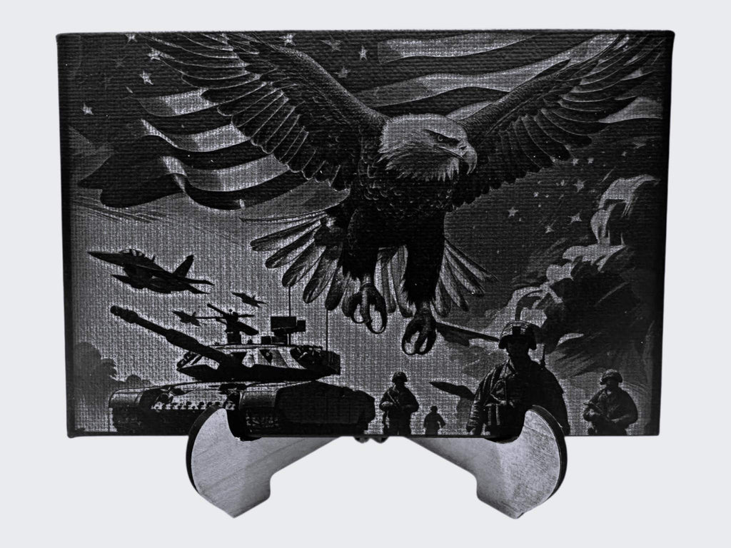Engraved hand-painted black and white canvas wall art featuring an eagle and soldiers, ideal for home or office décor.