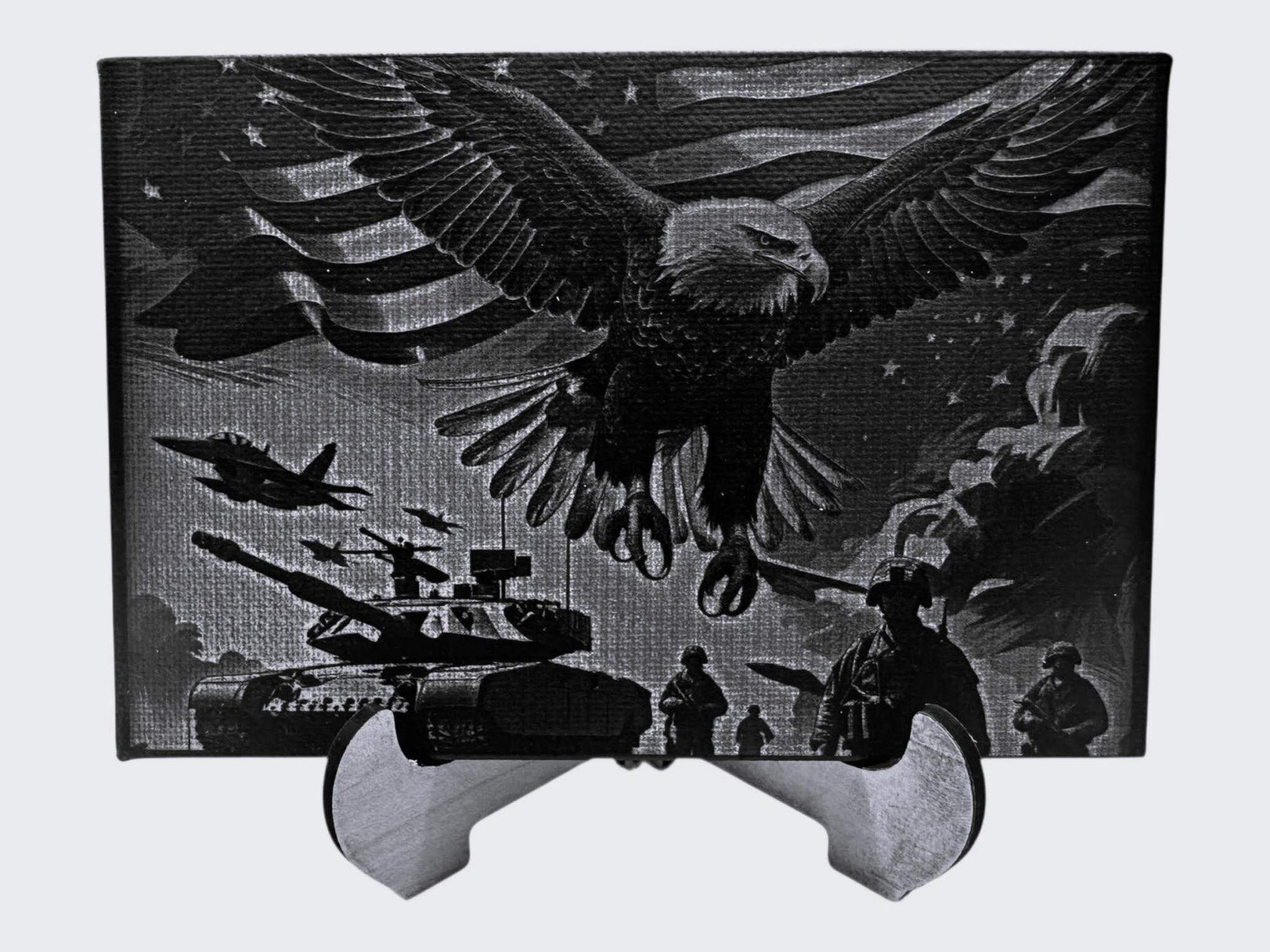 Engraved hand-painted black and white canvas wall art featuring an eagle and soldiers, ideal for home or office décor.